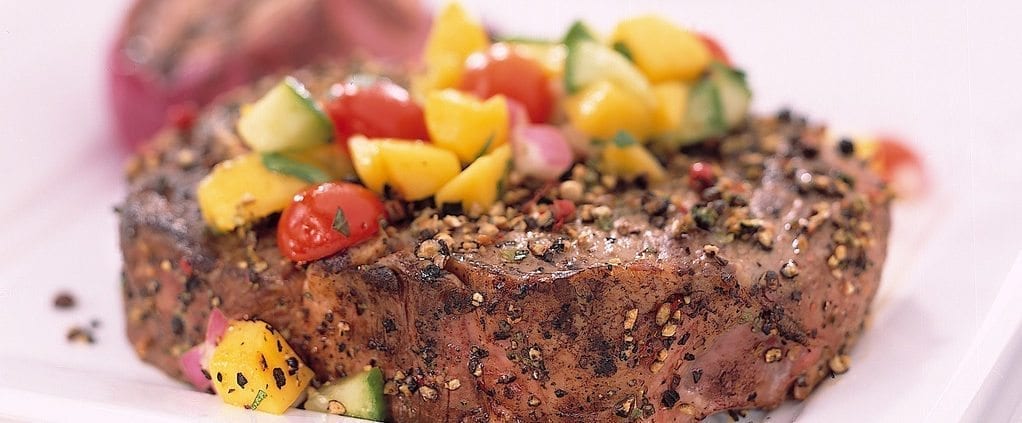 Canadian-Beef-Peppered-Beef-Steaks-with-Caramelized-Onions-and-Fruit-Salsa